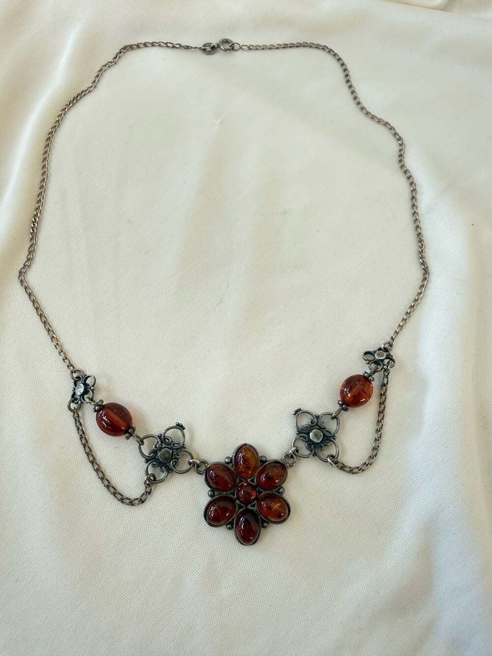 Vintage Baltic Amber Sterling Silver Flower Filigree Necklace 18" - Picture 2 of 3